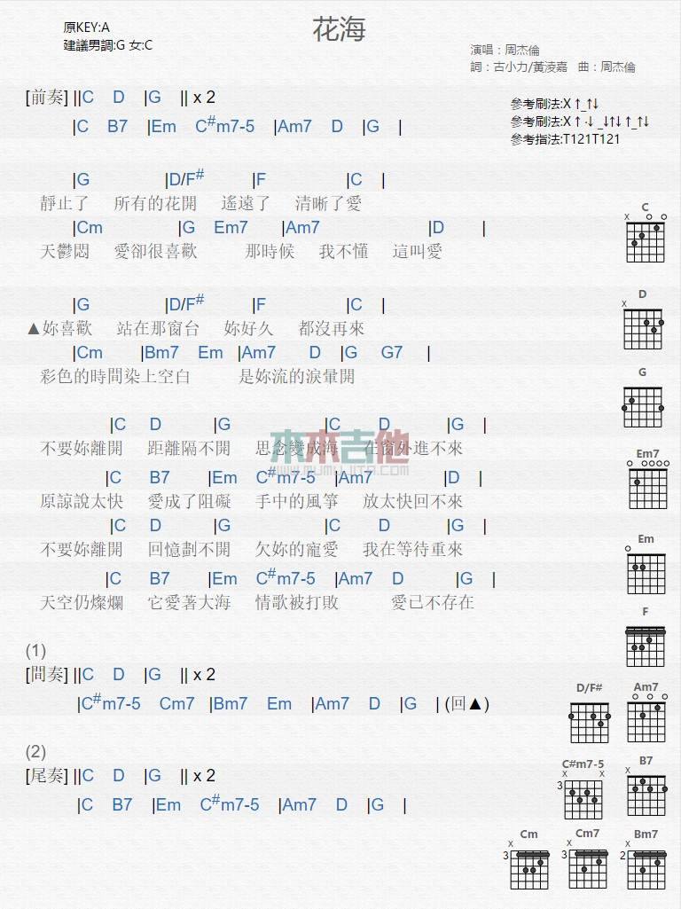 花海吉他谱c调简单版图片